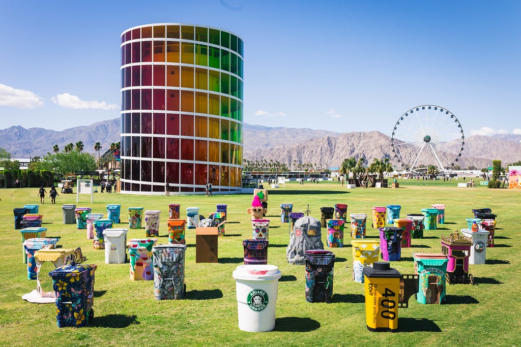 a collection of 50 wheelie bins all painted for the Coachella festival TRASHED project