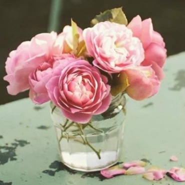 a small vase of freshly cut Boscobel roses, on a weathered tabletop