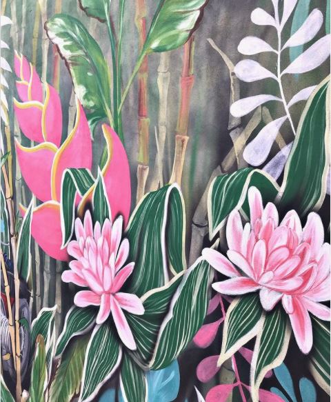 a garden mural of giant tropical plants