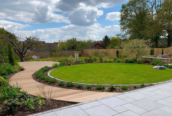circular lawn and decked path