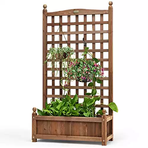 Maxmass Wood Planter Box, Weather-Resistant Garden Trough Planter with Trellis and Drain Holes, Climbing Flower Plant Stand for Indoor & Outdoor (64 x 28 x 120cm)