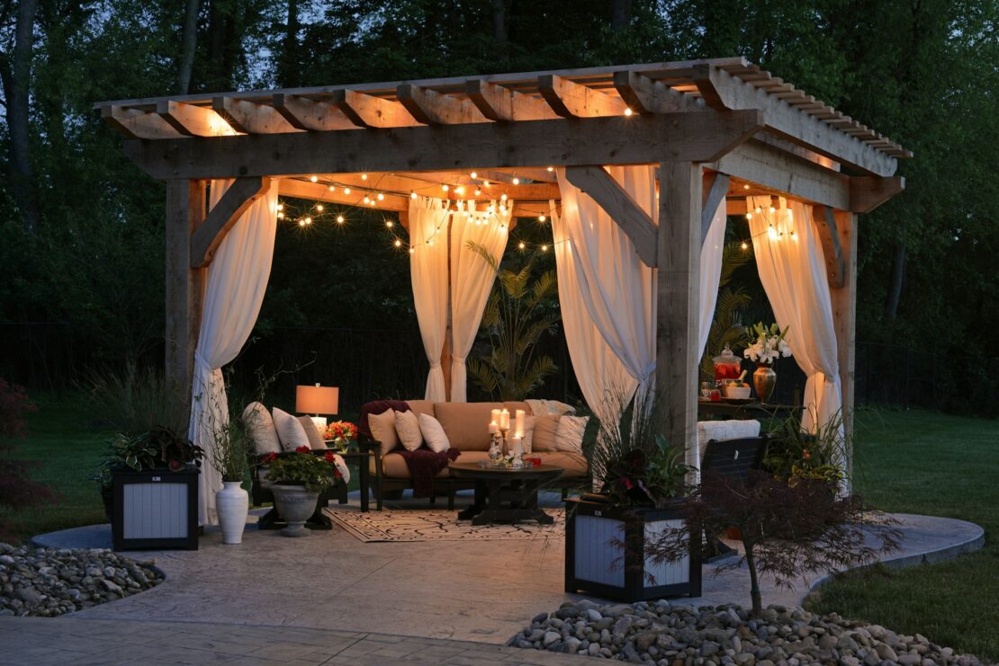 garden styled with a wooden gazebo